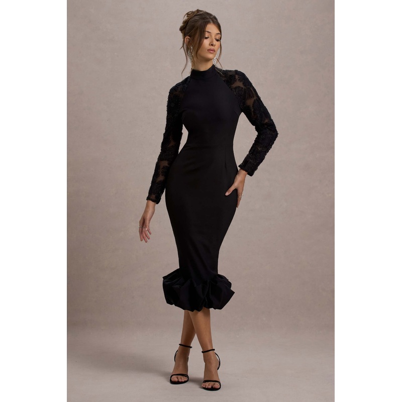 Chandra | Black Mesh Long-Sleeve Midi Dress With Ruffle Hem