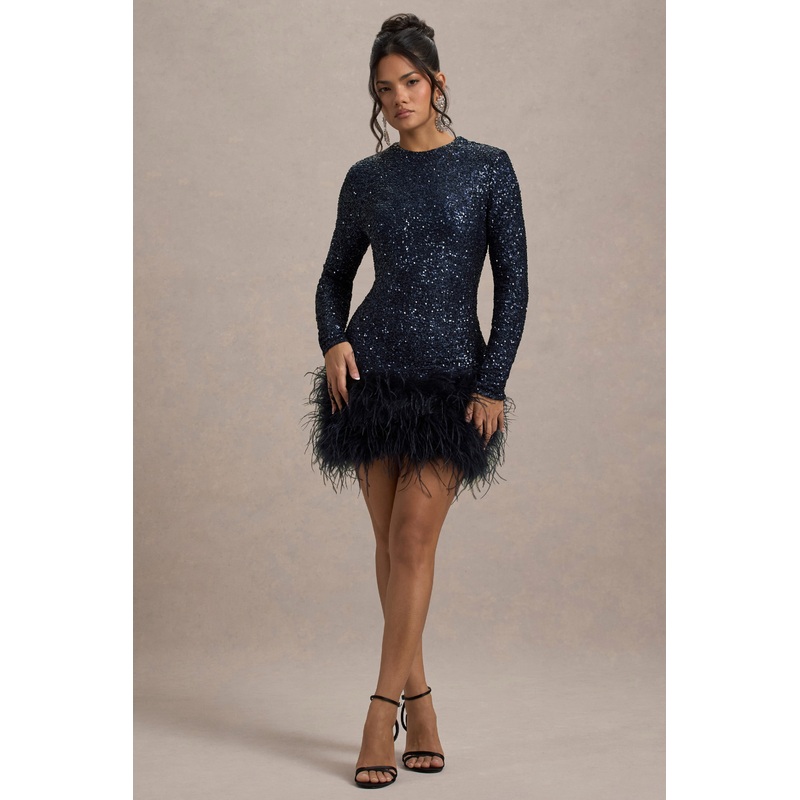 Claudia | Navy Sequin High Neck Feather Hem Mini Dress With Long Sleeves