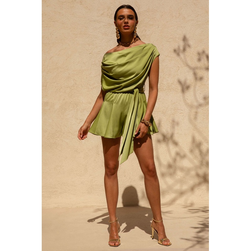 Clydie | Olive Satin Asymmetric Playsuit With Tie-Waist