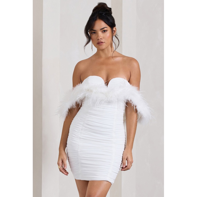 Confetti | White Sweetheart Mini Dress With Chiffon Feather Sleeves