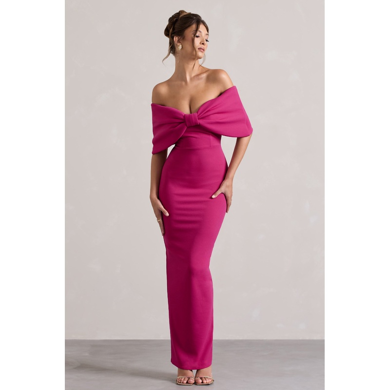 Cornelia | Hot Pink Strapless Maxi Dress With Oversized Bow