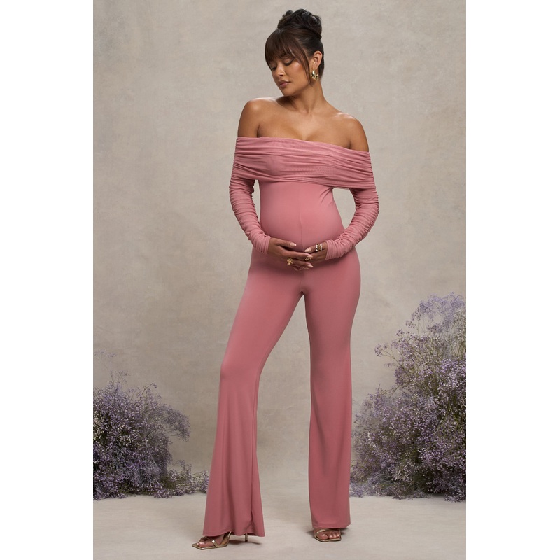 Count Down | Blush Pink Maternity Ruched Mesh Bardot Jumpsuit
