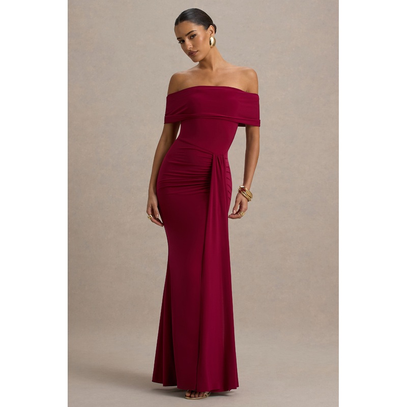 Delma | Burgundy Bardot Maxi Dress With Drape Detail