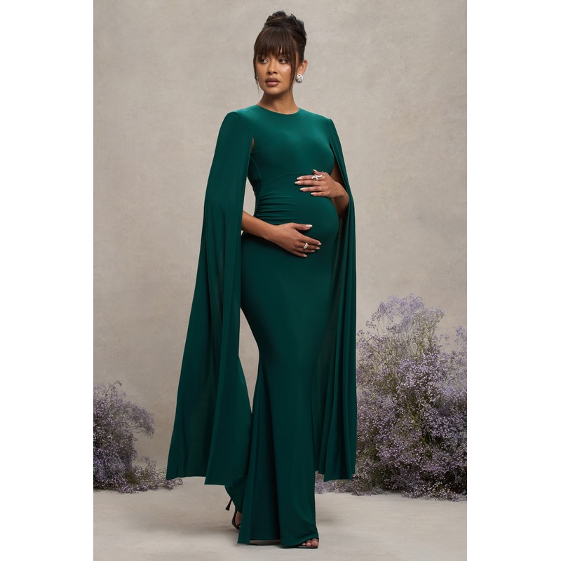 Divine Timing | Bottle Green Maternity Maxi Dress With Cape Sleeves