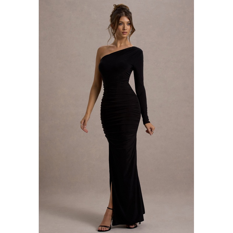 Doll | Black Asymmetric One Sleeve Ruched Maxi Dress
