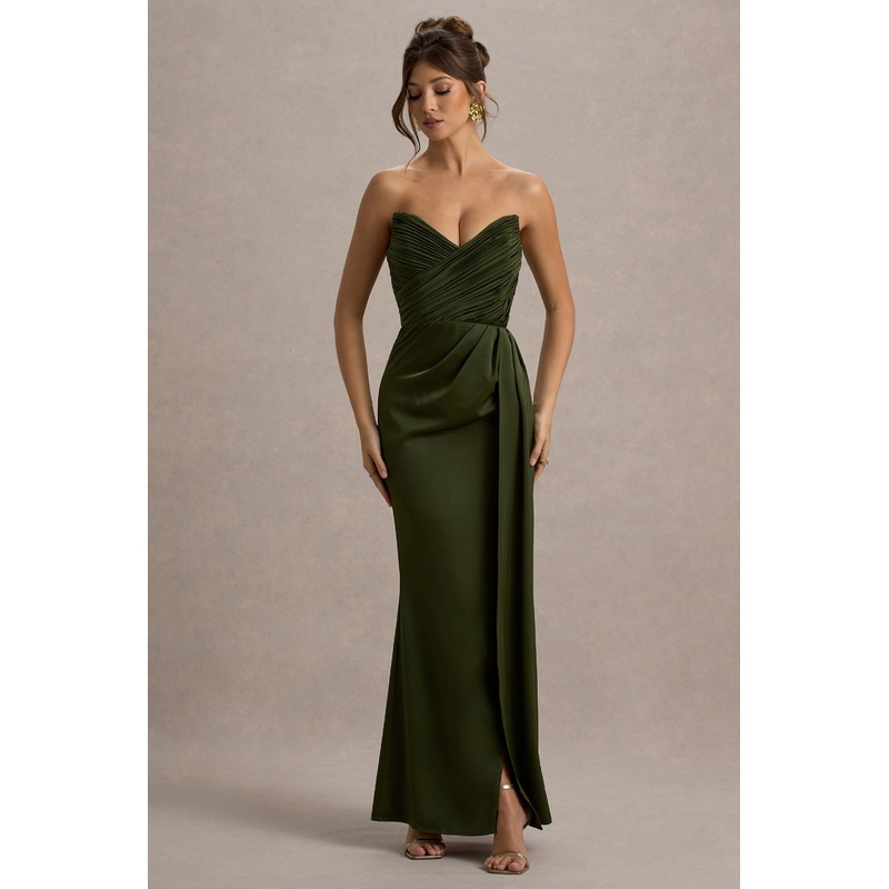 Edel | Olive Satin Strapless Maxi Dress With Drape