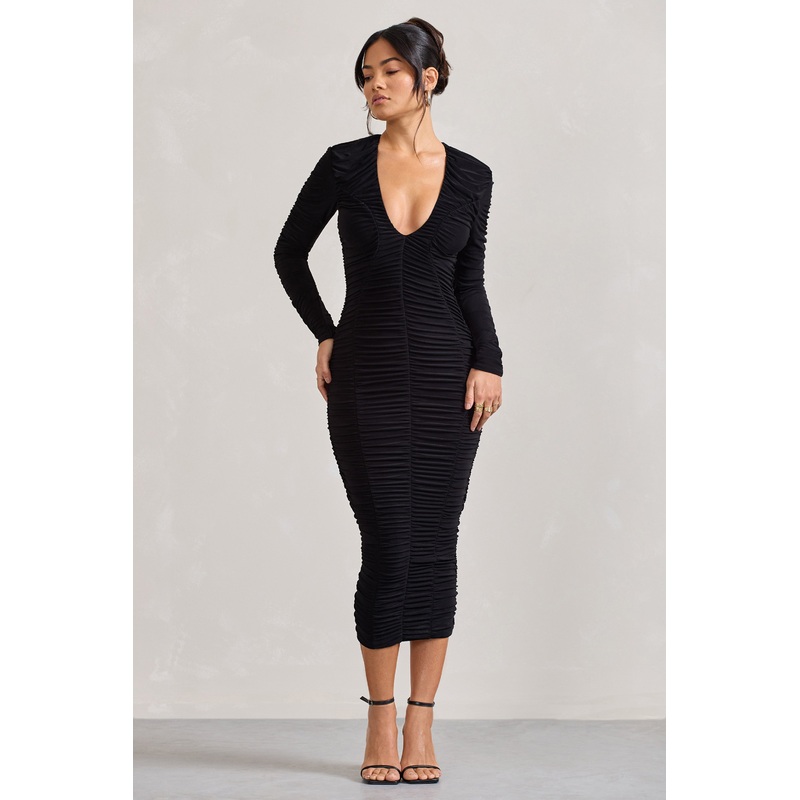 Elisabeth | Black V-Neck Long-Sleeved Midi Dress
