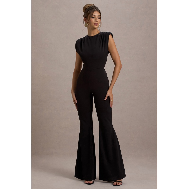 Elyna | Black High-Neck Draped Flared-Leg Jumpsuit