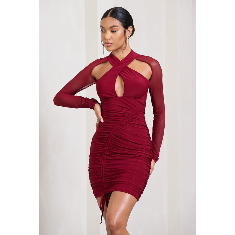 Eyes On You | Berry Long Sleeve Halter Neck Mini Dress