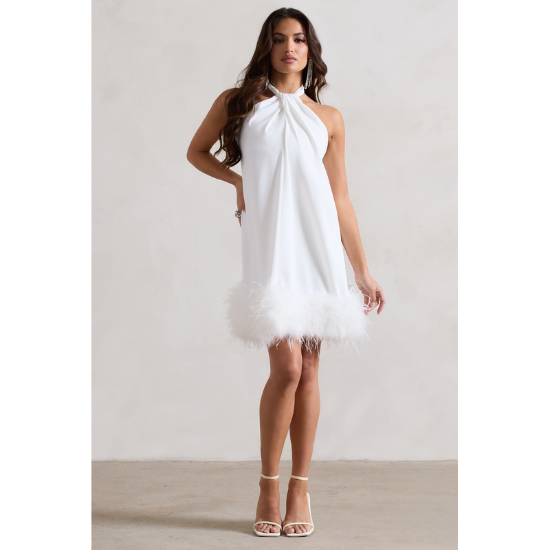 Femme | White Halter-Neck Smock Mini Dress With Feather Hem