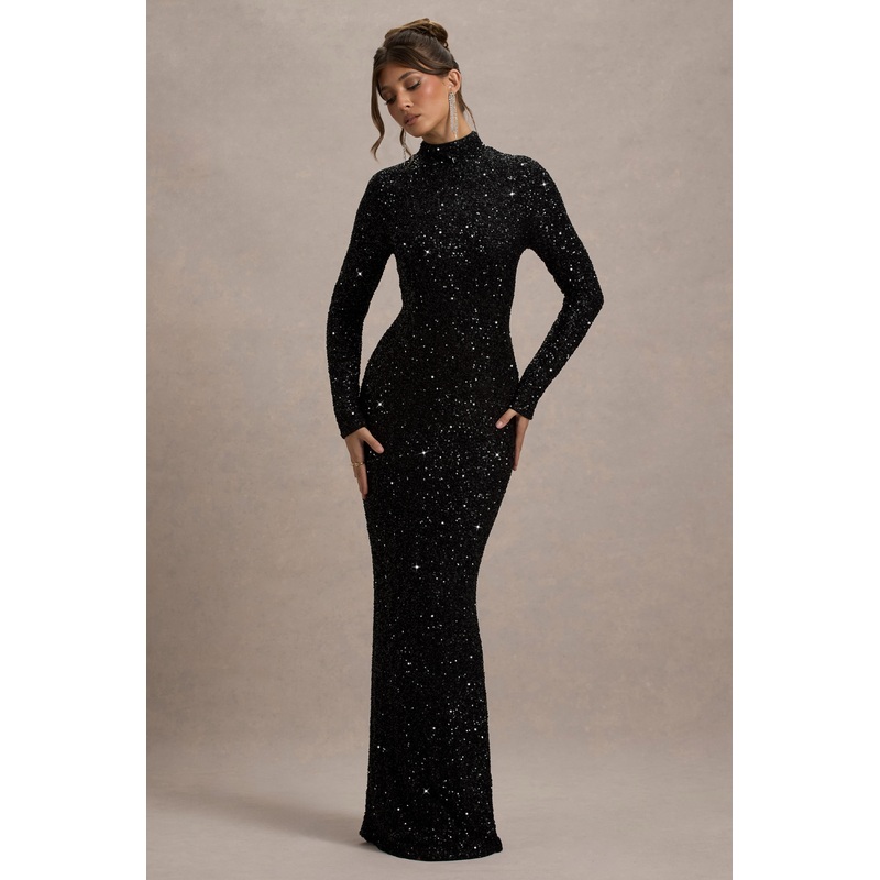 Galaxy | Black Sequin Turtle-Neck Long-Sleeve Maxi Dress