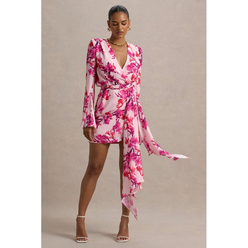 Goldie | Pink Floral Print Chiffon Long-Sleeve Wrap Mini Dress