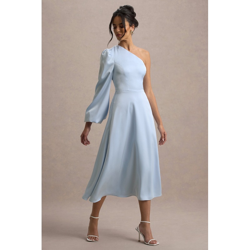 Haila | Powder Blue Satin One-Shoulder Midi Dress