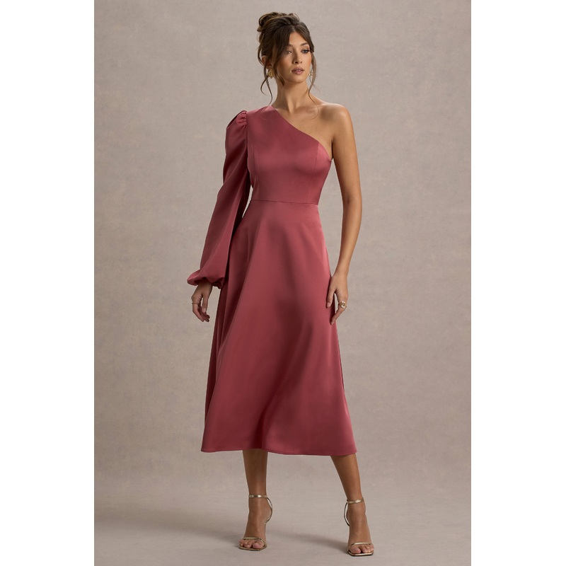 Haila | Rose Pink Satin One-Shoulder Midi Dress