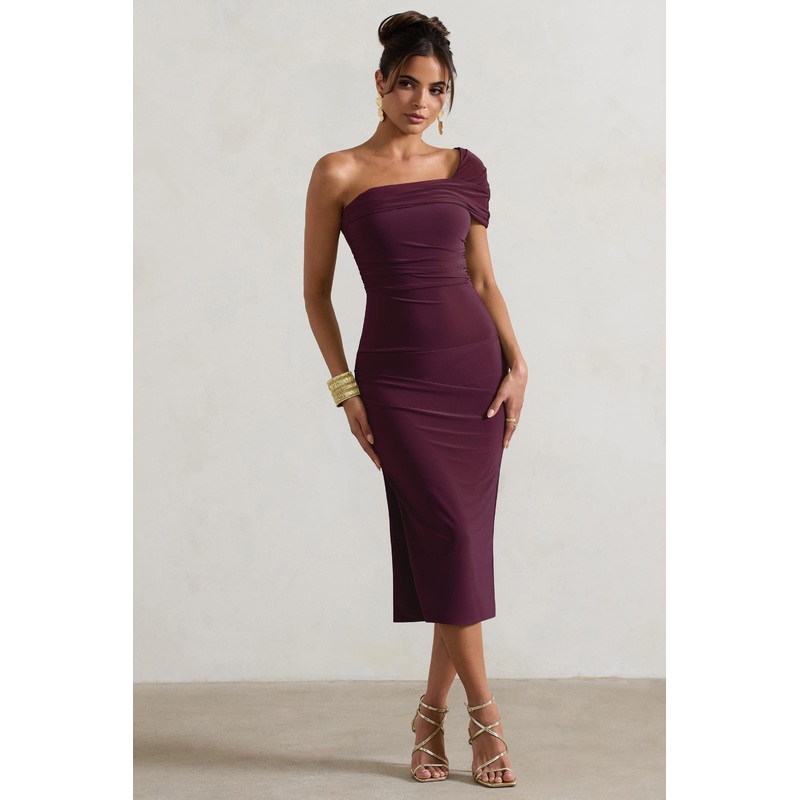 Hawaii | Plum Asymmetric One-Shoulder Split Midi Dress