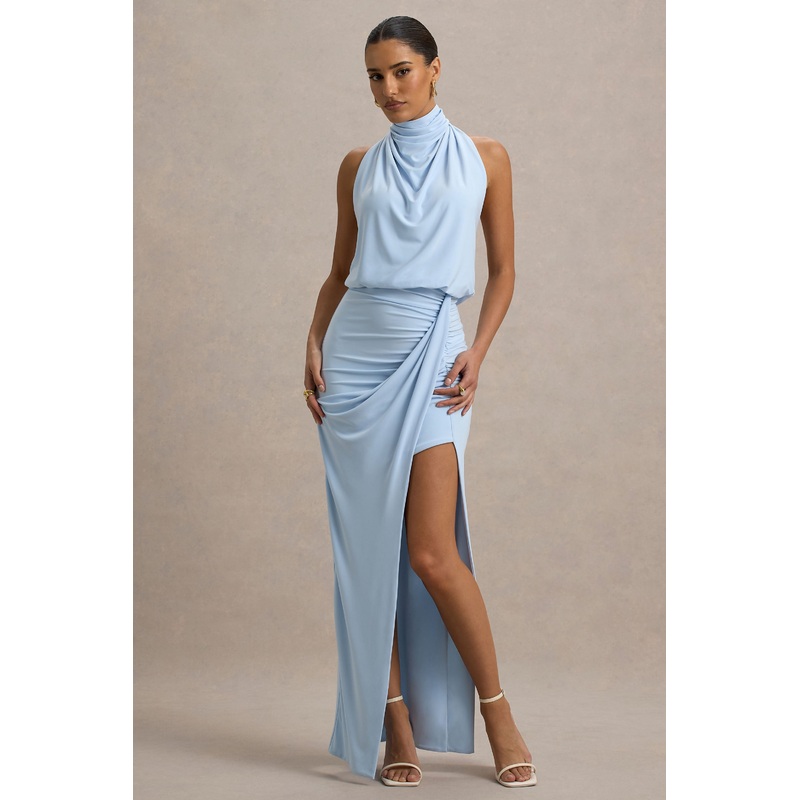 Hayden | Blue High-Neck Draped Split Maxi Dress