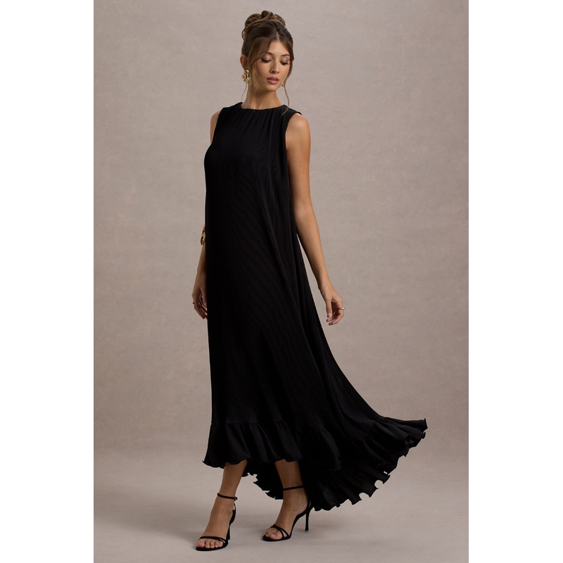 Hazelle | Black Chiffon A-Line Ruffled Maxi Dress