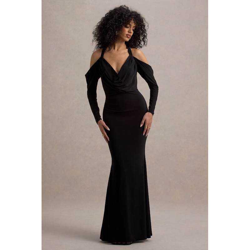 Hurghada | Black Plunge-Neck Long-Sleeve Maxi Dress