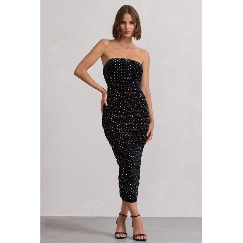 In A Daze | Black Bodycon Embellished Strapless Midi Dress