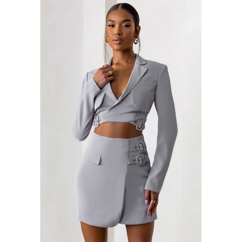 Jet Set | Dove Grey Belt Strap Pocket Detail Mini Skirt