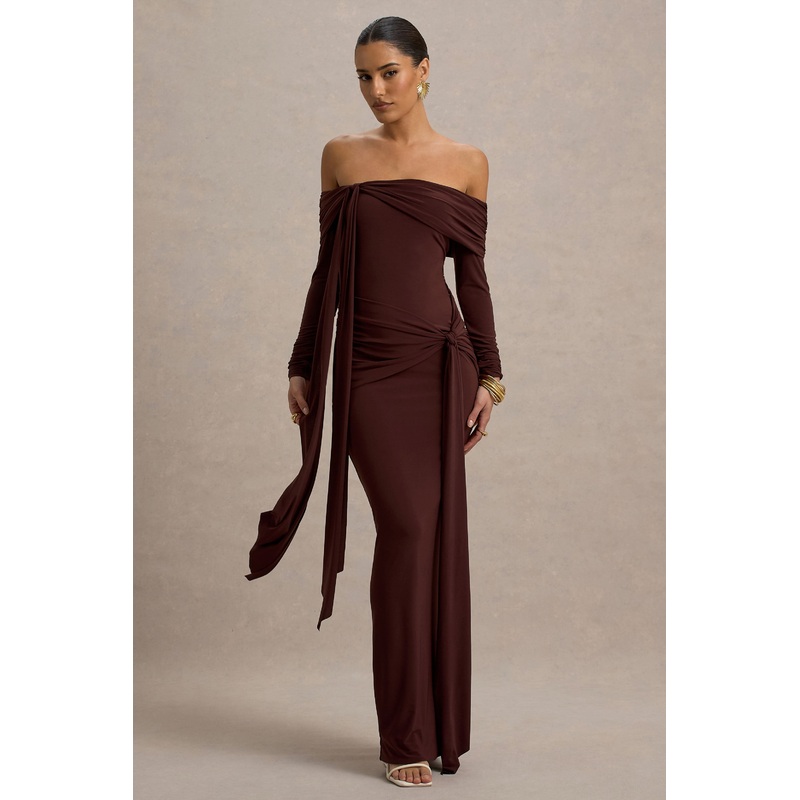 Jovie | Brown Bardot Wrap Maxi Dress With Sash Detail