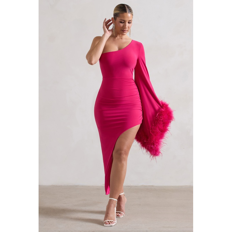 July | Dark Pink Asymmetric One Shoulder Cape Midi Dress With Feathers