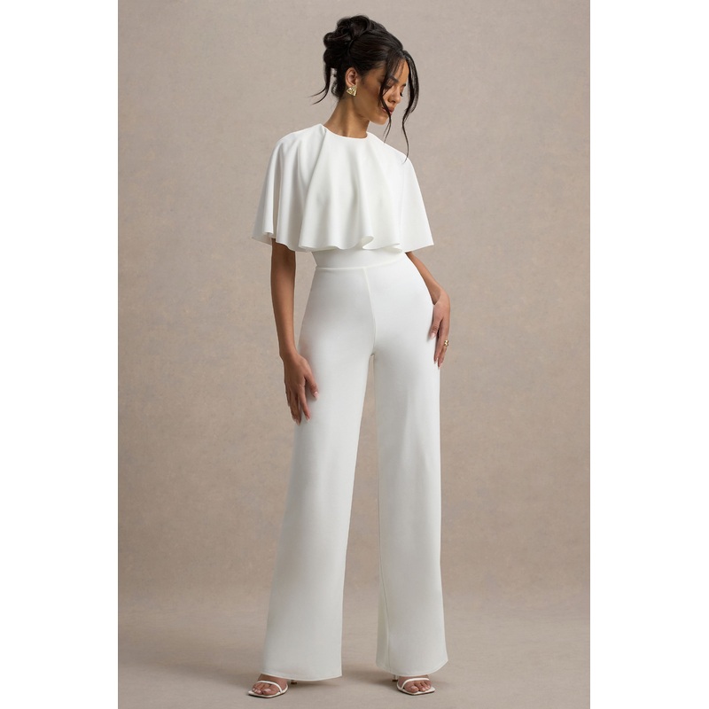 Leanna | White Straight-Leg Jumpsuit With Cape