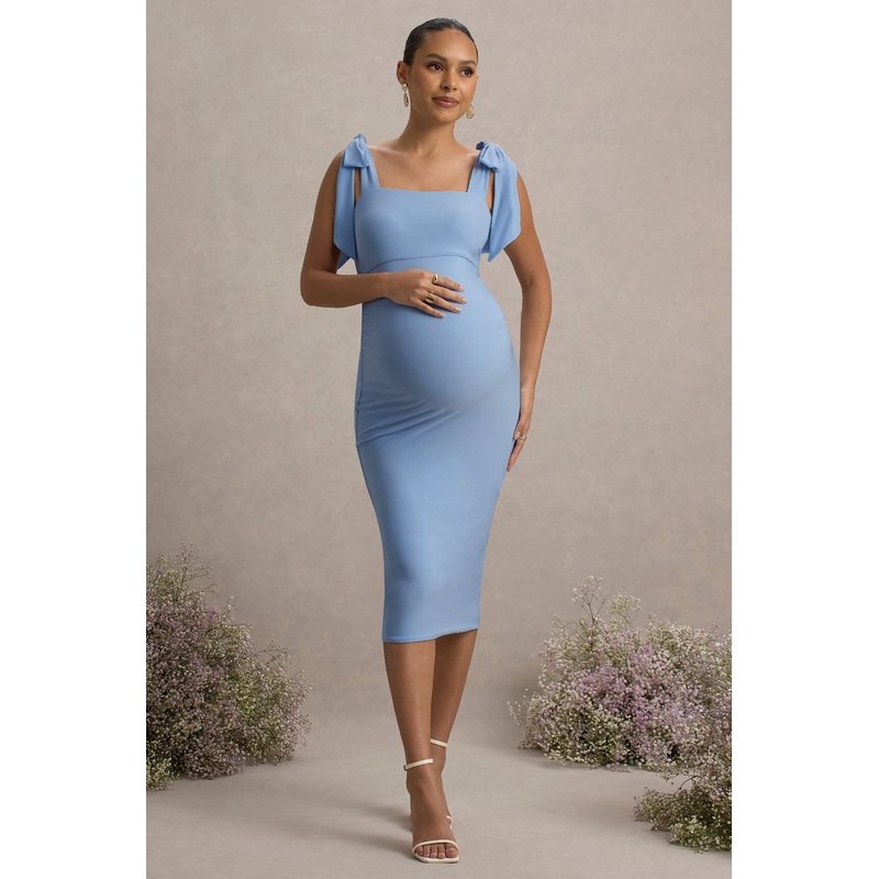 Linnie | Powder Blue Square-Neck Maternity Midi Dress With Bow Straps