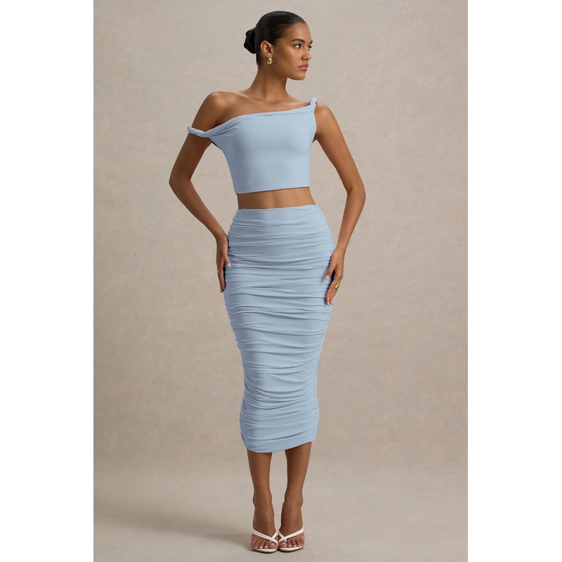 Lively | Powder Blue Ruched Midi Skirt
