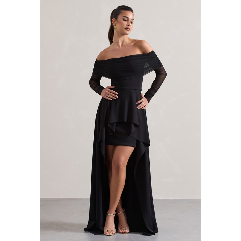 Lunara | Black Bardot High-Low Maxi Dress