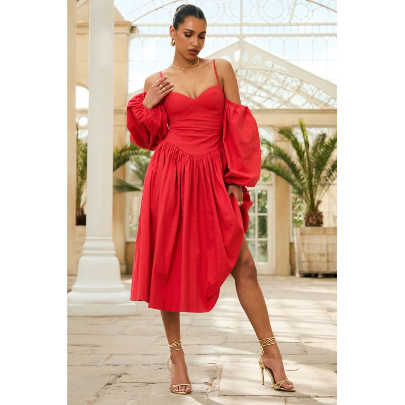Macie | Red Sweetheart Midi Dress With Balloon Sleeves