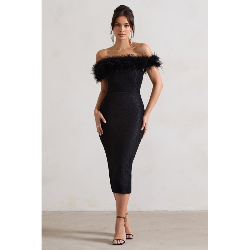 Maiden | Black Lace Bardot Midi Dress With Feather Trim