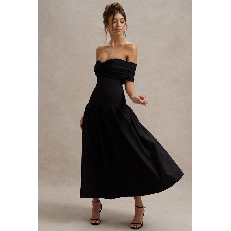 Marguerite | Black Twisted Bardot Drop-Waist Maxi Dress