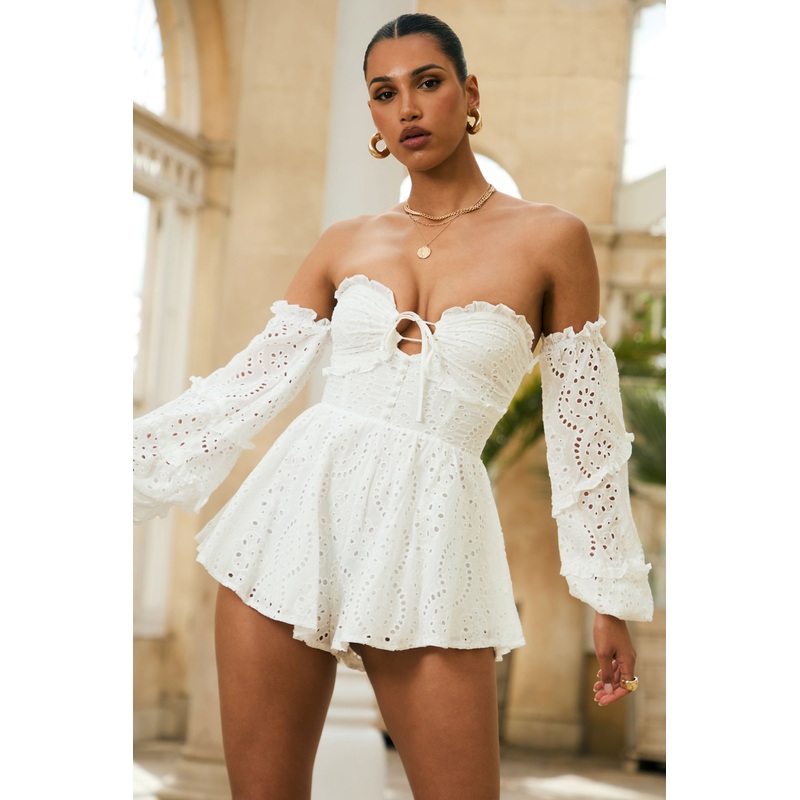 Mariella | White Broderie Bardot Ruffled Playsuit