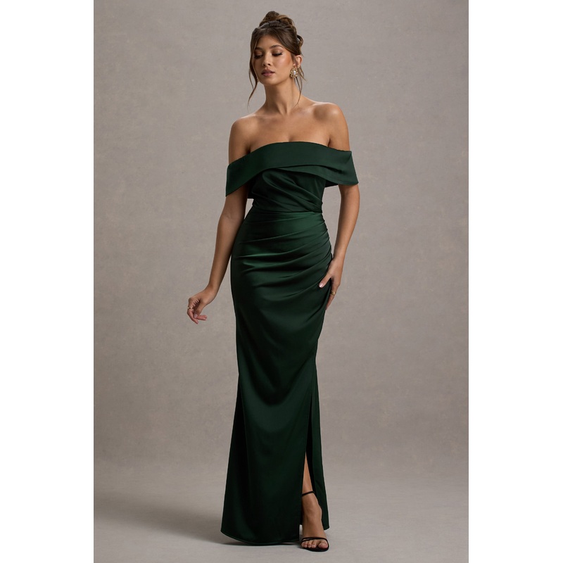 Martine | Bottle Green Satin Bardot Wrap Maxi Dress