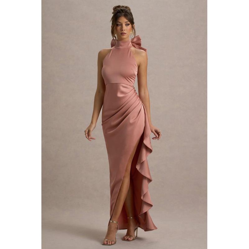 Maureen | Pink Satin High-Neck Draped Maxi Dress