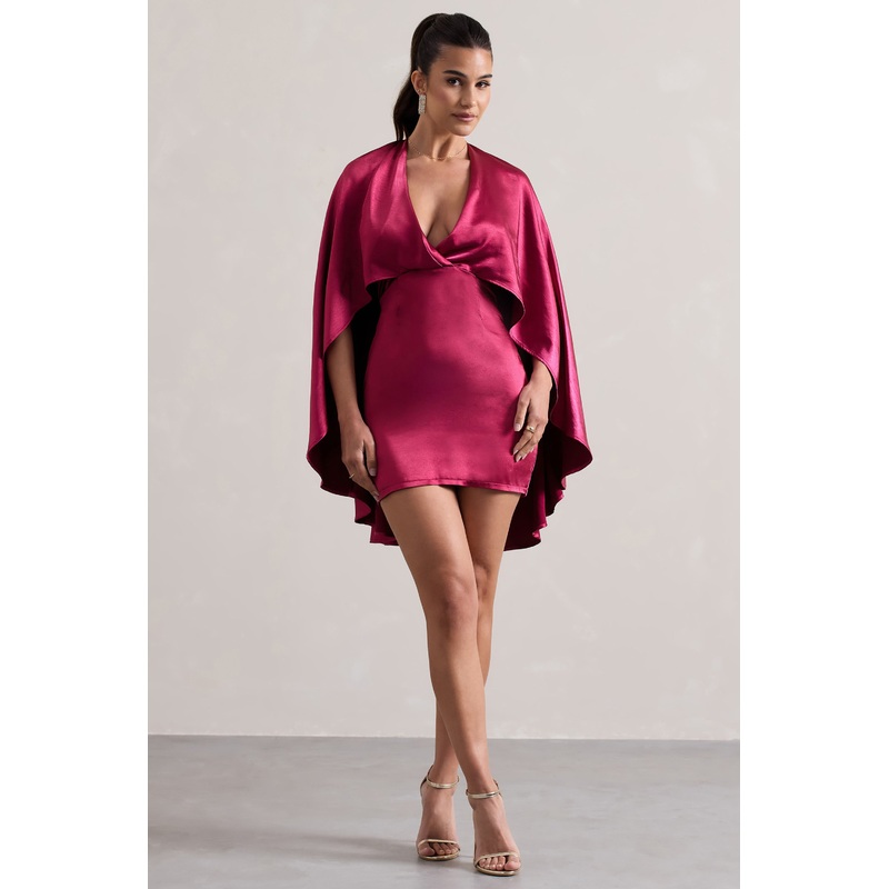 Olsen | Raspberry Satin Plunge-Neck Cape Mini Dress