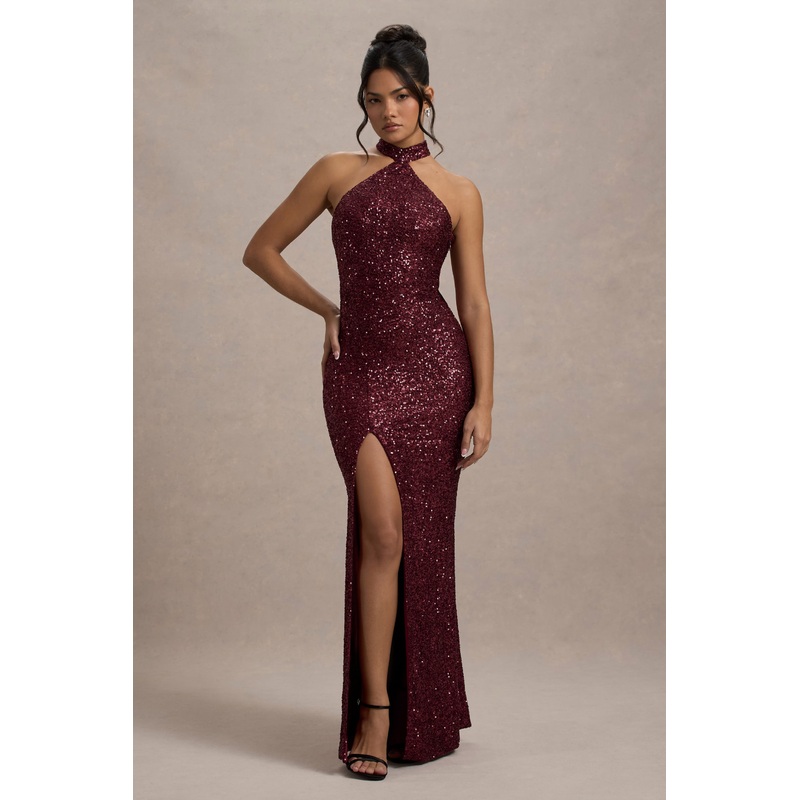 On The Rise | Berry Sequin High-Neck Strappy-Back Split Maxi Dress