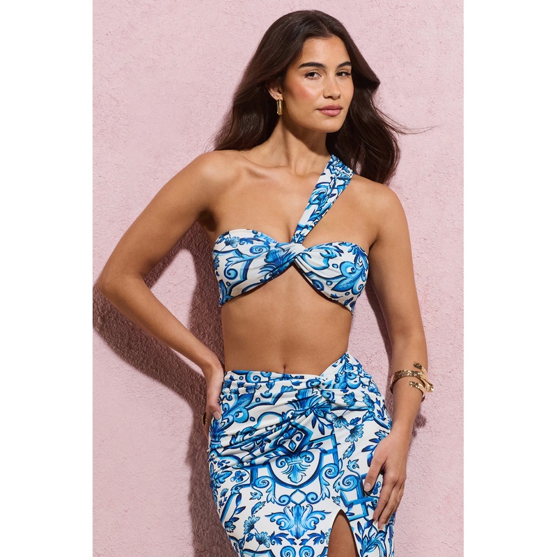 Open Heart | Blue Porcelain Print Knot One Shoulder Bralette