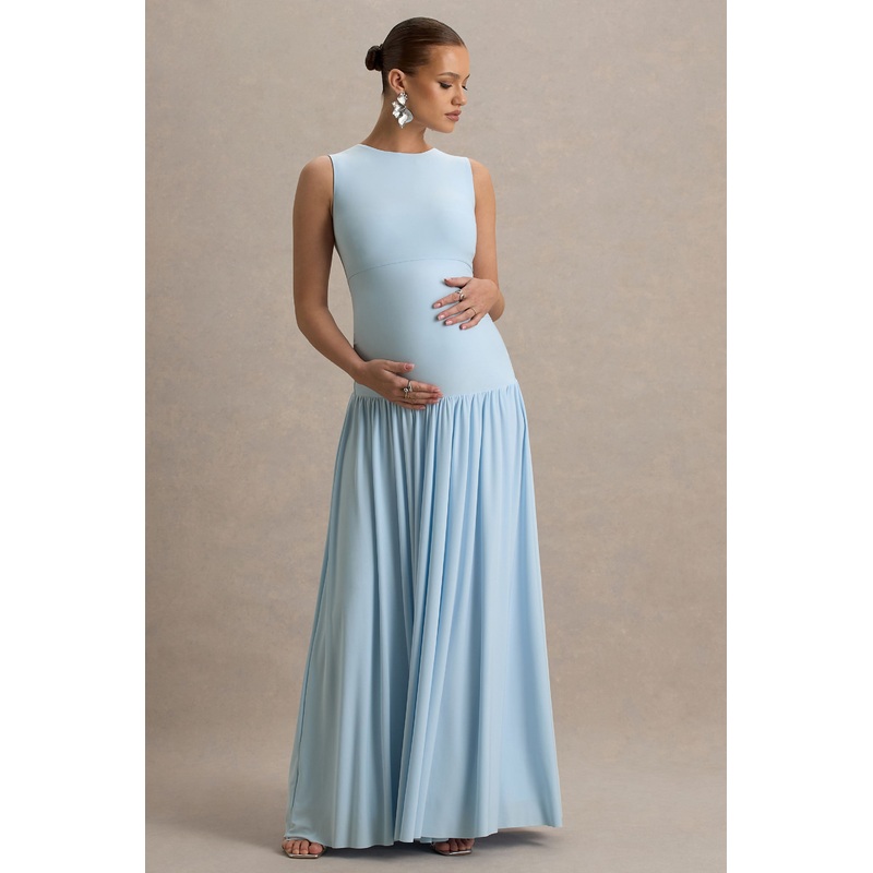 Outline | Powder Blue Maternity Maxi Dress With Draped Skirt