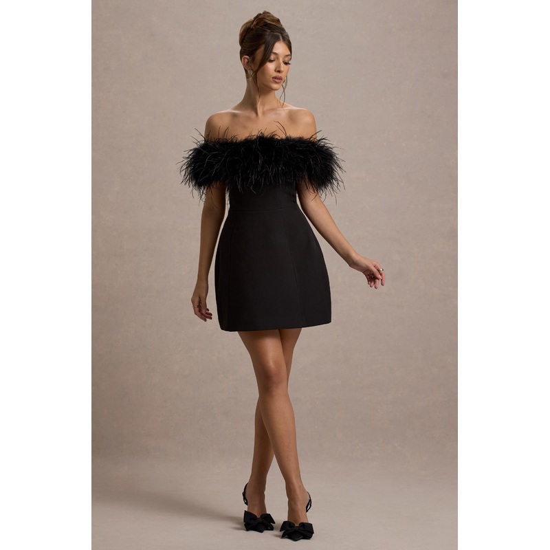 Palace | Black Bardot Mini Dress With Feather Trim