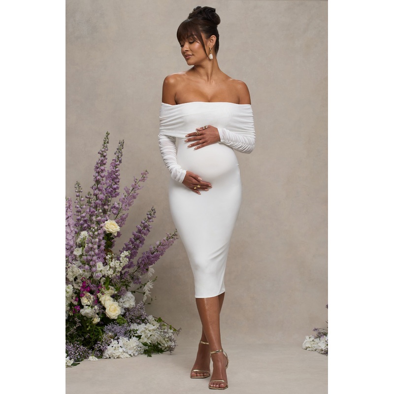 Patiently Waiting | White Maternity Ruched Mesh Bardot Midi Dress