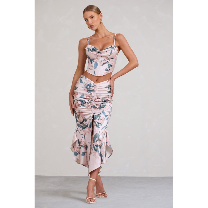 Per Favore | Pink Satin Ruched Split Maxi Skirt