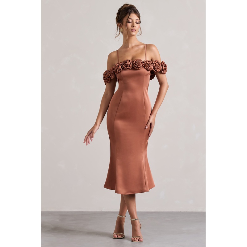 Petunia | Rust Satin Floral Bardot Midi Dress