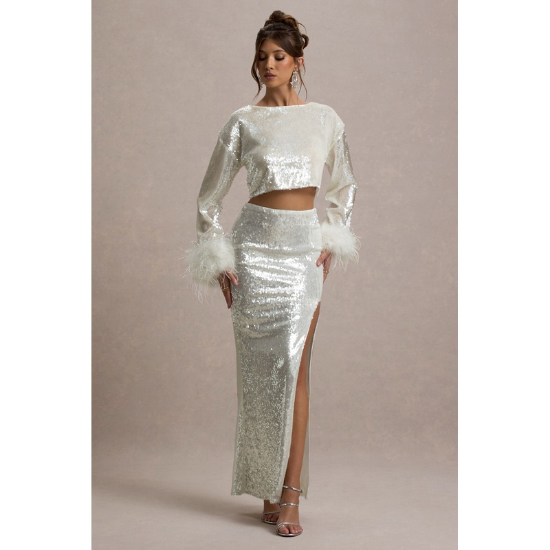 Raia | Sand Sequin Split Maxi Skirt