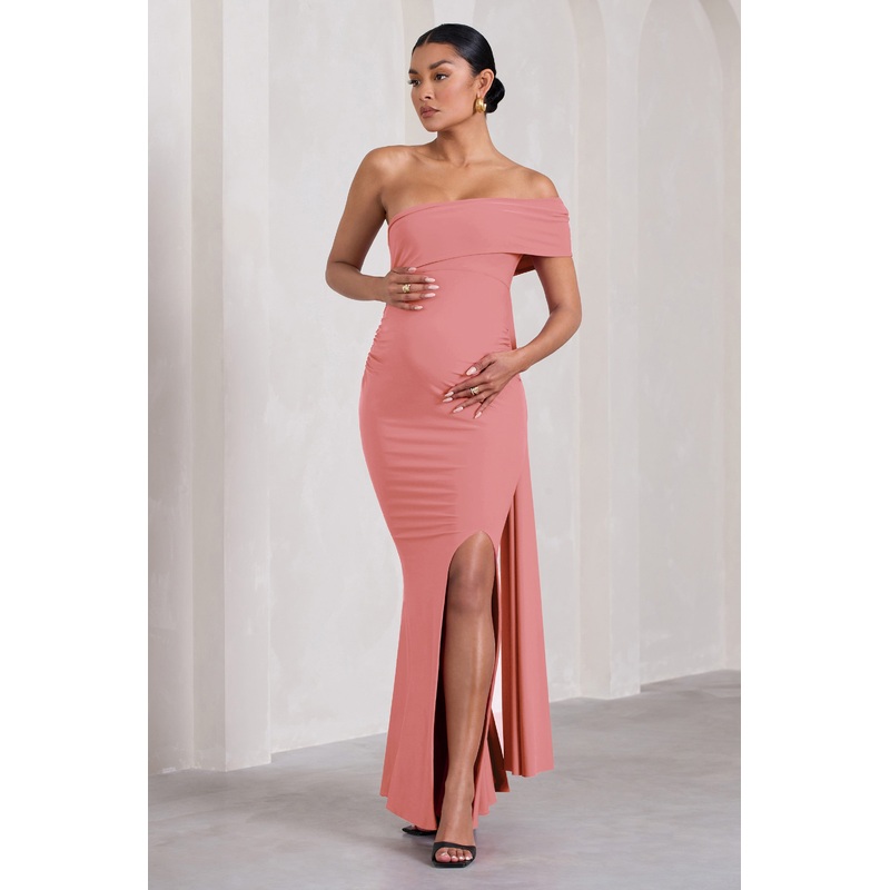 Real Love | Blush Pink Bardot Split Maternity Maxi Dress With Drape Detail