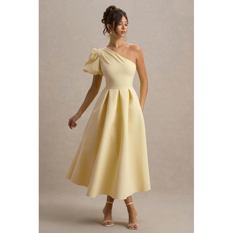 Rochelle | Pale Lemon Asymmetric Puff-Sleeve Midi Dress