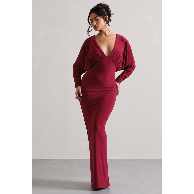 Ruth | Berry Draped Plunge-Neck Maxi Dress