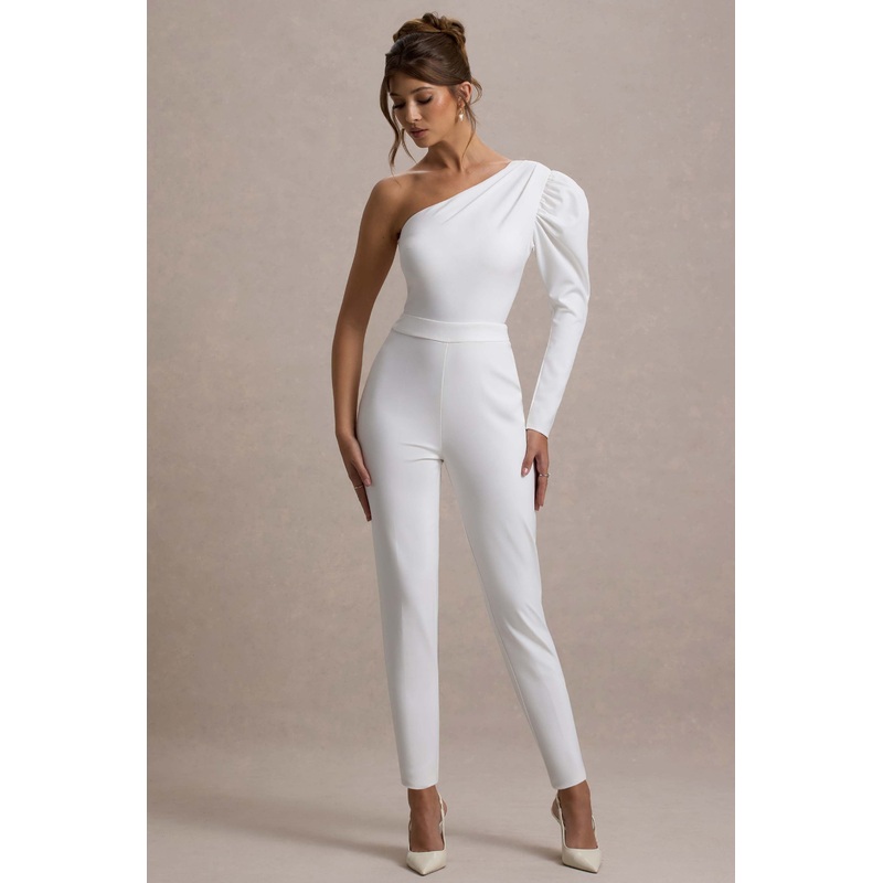 San Jose | White One-Shoulder Puff-Sleeve Jumpsuit