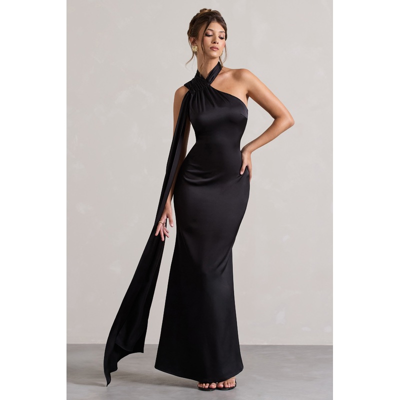 Sancia | Black Satin Asymmetric Maxi Dress With Sash